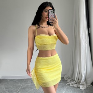 European and American 2024 Spring Women's New Mesh Splicing Chest Wrapping Skirt Two Piece Set Fashion Leisure Set Wholesale