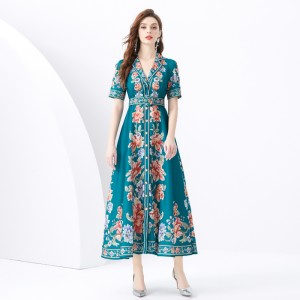 2024 Vacation - Vacation Style Suit Collar Short Sleeve Wide Swing Wave Edge Plant Printed Long Dress