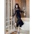 Skinny fishtail dress sexy retro Hepburn style patchwork mesh slimming temperament, hip hugging mid length skirt