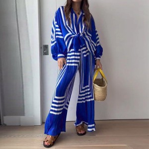 FD1239 in stock autumn new cross-border women's fashion printed striped shirt pleated straight leg wide leg pants set