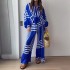 FD1239 in stock autumn new cross-border women's fashion printed striped shirt pleated straight leg wide leg pants set