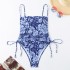 2024 new one-piece swimsuit printed with European and American vacation style drawstring, slimming and sexy bikini one-piece swimsuit