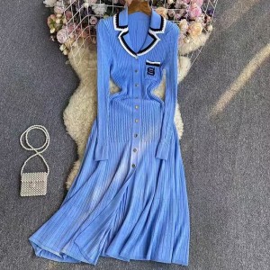 French retro small fragrant style dress for female niche, contrasting color, lapel, letter embroidery, waist cinching, single breasted knitted long skirt