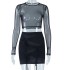 European and American style tight round neck mesh short T-shirt mesh splicing mini skirt fashion two-piece set for foreign trade women