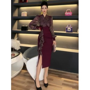 2024 irregular wearing long sleeved sequined dress sexy and age reducing socialite style fashionable slimming split hip skirt