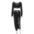 Cross border long sleeved V-neck set 2024 summer Amazon women's new sexy tight high waisted split skirt two-piece set