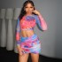 European and American style fashion set with digital printing round neck short sleeved top, high waist A-line half skirt two-piece set for women