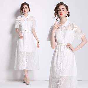 Spot Photo - Summer New Product Solid Color Cotton Embroidered Holiday Style Short Sleeve Dress