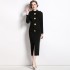 Real time spot standing collar long sleeved bow tie waist button decoration bag hip slit dress