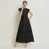 Spot shooting - elegant and stylish long skirt with flying sleeves, cinched waist for slimming effect, black fungus edge dress