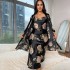 Danilin plus size sleepwear women's long imitation silk sexy nightgown set fashionable casual loose printed sleepwear