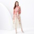 2024 Vacation - Countryside style stand up collar lantern sleeves wave side length retro printed dress two-piece set