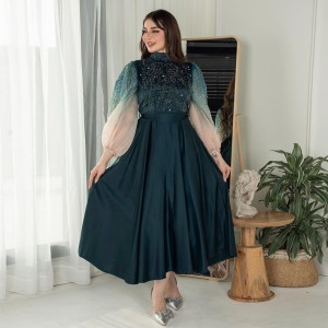 XQY500287 jalabiya Muslim Hot Diamond Robe Bubble Sleeve Evening Dress Gradient Dress