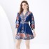 2024 Vacation - Palace style stand up collar lantern sleeves, single placket printed short mini dress