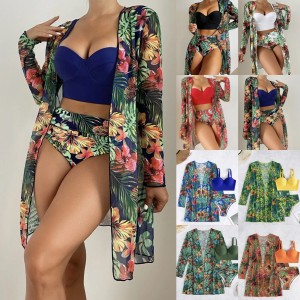 2024 New European and American Cross border Sexy Bikini Mesh Three Piece Set Amazon Gathering Printed Split Swimsuit for Women