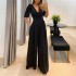 European and American women's 2024 summer new product temperament casual V-neck lace up high waist bubble short sleeved wide leg jumpsuit