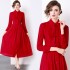 Real time spot European station temperament high-end dress, red long dress, waist cinched pleated dress