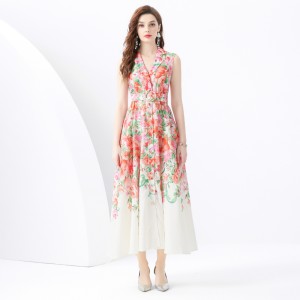 2024 Vacation - Suit Flat Collar Sleeveless Wide Swing Wave Edge Oil Painting Printed Long Dress