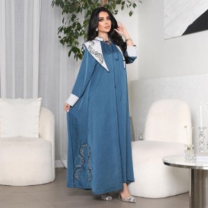 XQY500174 Cross border Middle East Fashion Clothing Diamond studded Tether Color Contrasting Robe Dress for Women jalabiya