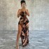 European and American style ins foreign trade women's fashion printed sexy sleeveless one shoulder backless slit skirt Dress