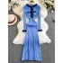 Autumn and Winter New Small Fragrant Style Cowboy Splicing Knitted Dress Korean Edition Medium Long Sleeve Woolen Dress