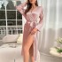 Danilin summer sexy imitation silk nightgown women's long sleeved lace up bathrobe morning gown fashionable casual home wear