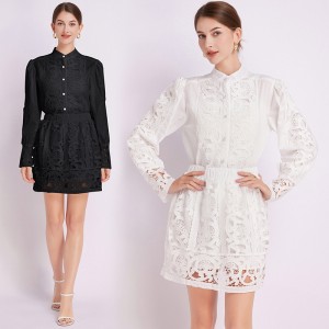 Spot shooting - French retro court style two-piece fashionable stand collar lace patchwork skirt set