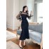 Skinny fishtail dress sexy retro Hepburn style patchwork mesh slimming temperament, hip hugging mid length skirt