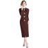 Real time spot standing collar long sleeved bow tie waist button decoration bag hip slit dress