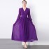 Real time spot purple dress with waist cinched pleated skirt, long sleeved flowing V-neck long skirt