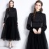 Real shot spot stand up collar lantern sleeves pleated waistband mesh fluffy princess style dress