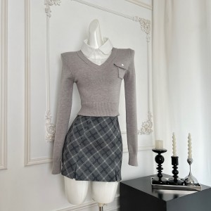 Chi Umbrella 24/fw Showa Sweetheart Fake Two piece College Style Soft Sticky Shirt Knitted Shirt plaid Half Skirt Short Skirt