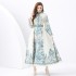 2024 Vacation - Palace style stand up collar flared sleeve single placket printed long lace dress