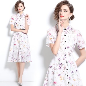 Real time spot printed waist cinching shirt dress with waist belt for commuting