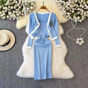 Fashionable V-neck long sleeved knitted top shawl cardigan two-piece set, medium to long, tight fitting elastic hip hugging dress