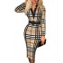 2024 Spring European and American Cross border New Digital Printed Grid Long Sleeve V-neck High Waist Dress (Comes with Waist Belt)