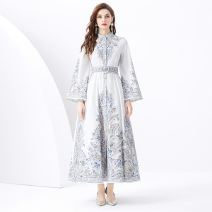 2024 Vacation - Palace style stand up collar flared sleeve single placket printed long lace dress