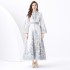 2024 Vacation - Palace style stand up collar flared sleeve single placket printed long lace dress