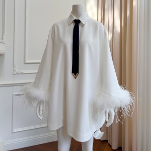 Yige Lira 2023 Autumn/Winter New Product White Feather Long Sleeve Loose Tie Daily Young Dress 68329