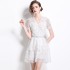 Real time spot French retro small fragrant style short sleeved V-neck lace cake dress with waist cinching short skirt