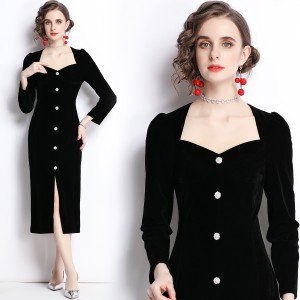 Real shot spot black velvet French V-neck slim fit dress for women