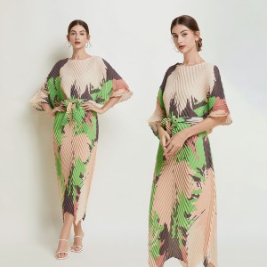 In stock - Miyake Fold Summer New Product Printed Waist Waist Dress Handmade Fold Temperament Skin Covering Long Dress