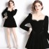 Real shot spot square collar mid waist French long sleeved retro dress, heavy-duty nail diamond velvet dress