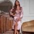 Home printed long sleeved nightgown, thin and sexy women's lace up morning gown, simple cardigan, pajamas, ice silk bathrobe