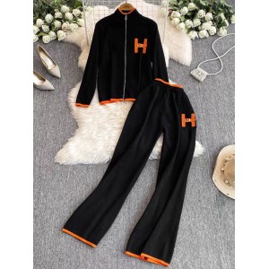 Autumn and winter new zipper sweater cardigan jacket women's embroidered knitted sweater long sleeved top two-piece set high waist wide leg pants