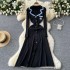 French retro small fragrant style dress for female niche, contrasting color, lapel, letter embroidery, waist cinching, single breasted knitted long skirt