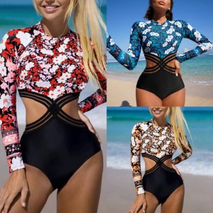 2024 new European and American sexy bikini women's one-piece swimsuit with digital printing long sleeved sunscreen high waisted pants for foreign trade