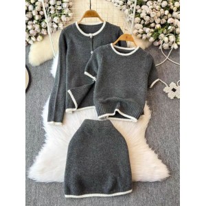 German Yangtze yarn gray sweater set women's autumn and winter contrasting edge knitted cardigan+top+skirt three piece set