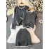 German Yangtze yarn gray sweater set women's autumn and winter contrasting edge knitted cardigan+top+skirt three piece set