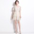 Real time spot French retro small fragrant style short sleeved V-neck lace cake dress with waist cinching short skirt